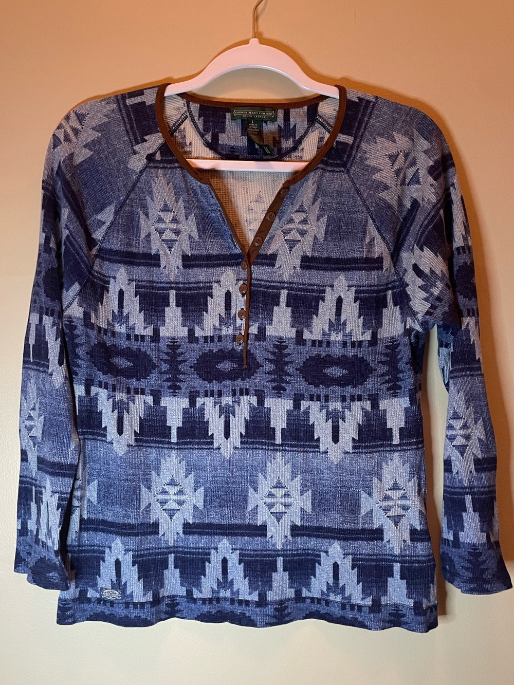 Lauren Ralph Lauren Navy & Light Blue Aztec Henley with Brown Trim Western